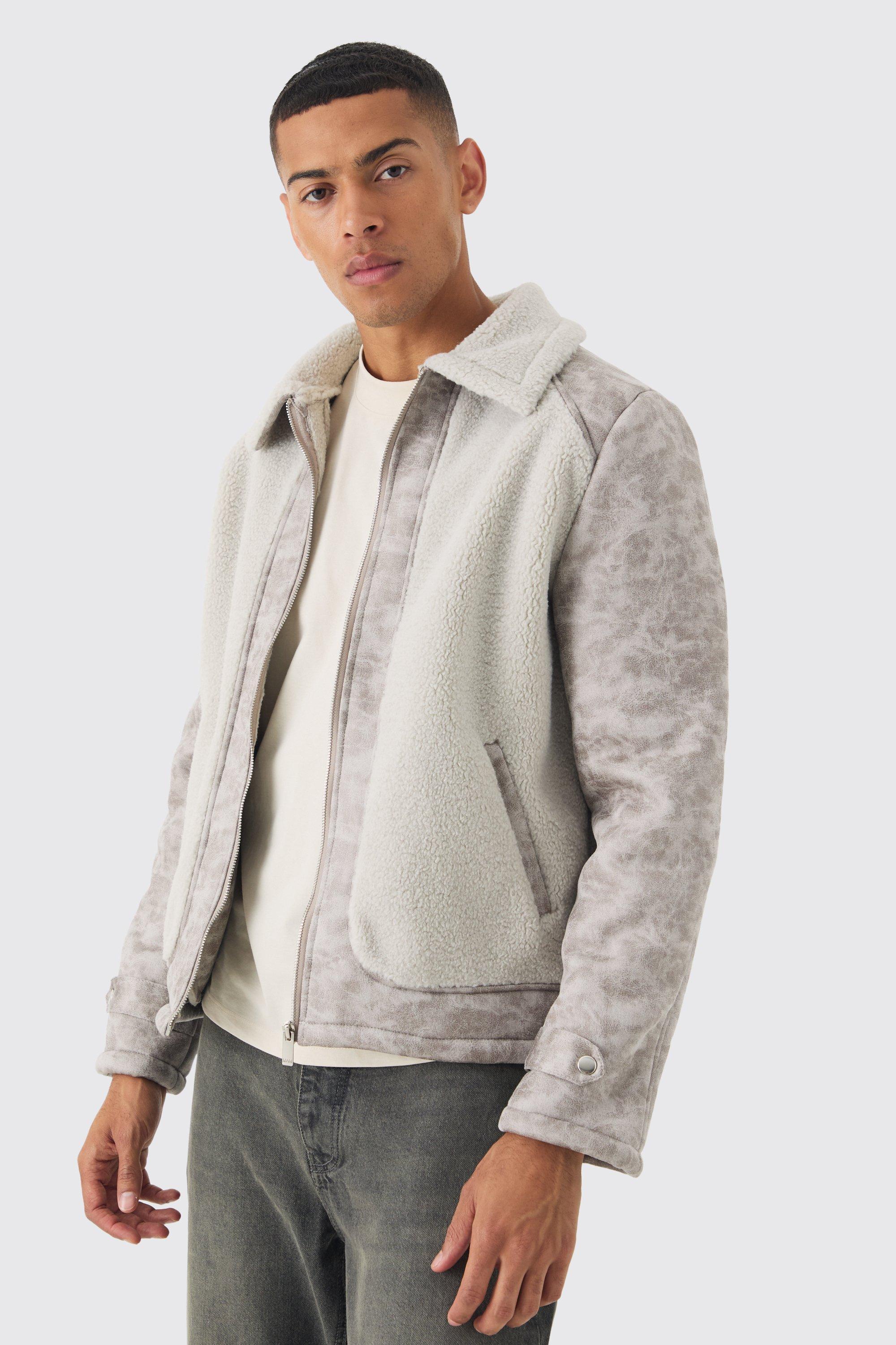 Washed PU And Borg Panel Harrington Jacket In Grey | boohooMAN USA product image