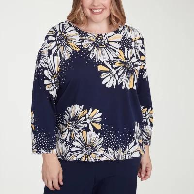 Alfred Dunner Plus Block Island Womens Crew Neck 3/4 Sleeve Floral Pullover Sweater Product Image