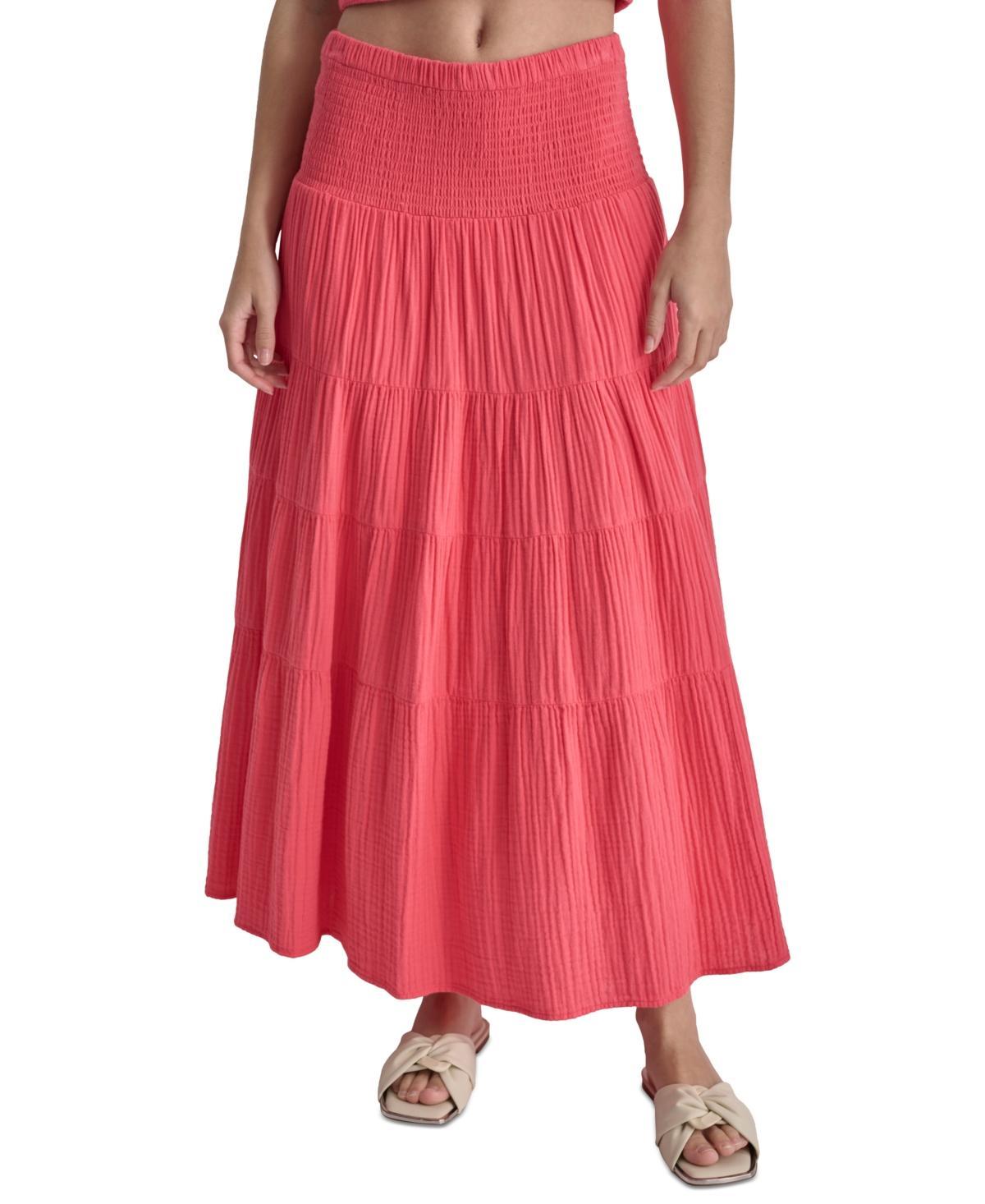 Dkny Jeans Womens Cotton Smocked-Waist Tiered Maxi Skirt Product Image