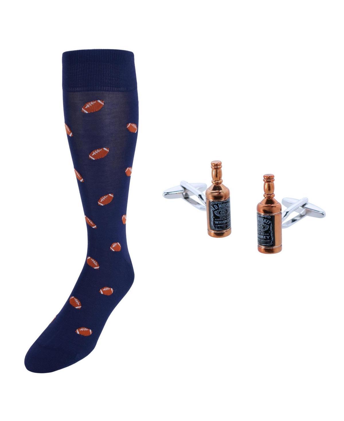 Trafalgar Mens Cheers Whiskey Bottle Cufflinks & Touchdown Football Mid-Calf Socks Product Image