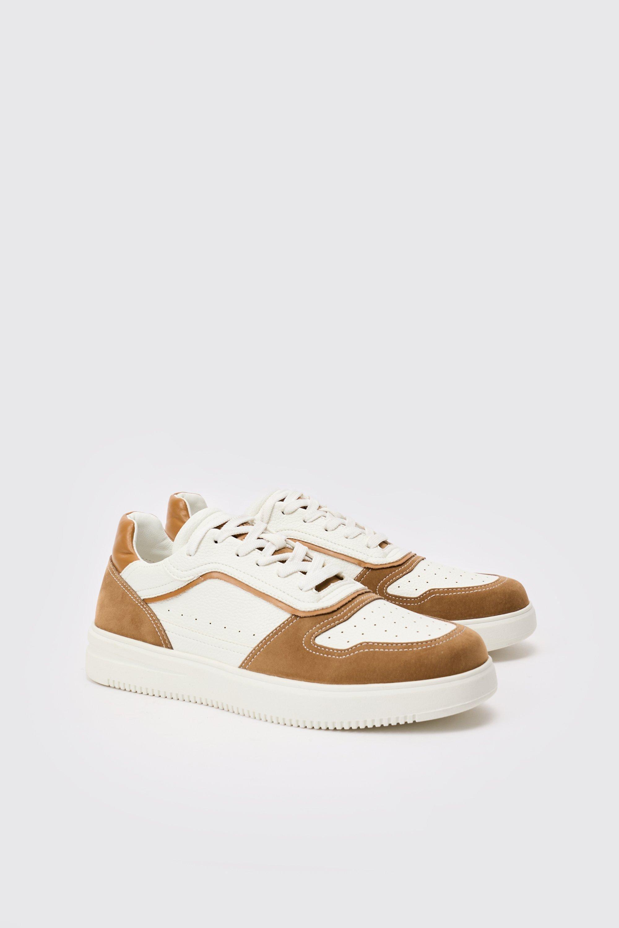 Suede Contrast Panel Sneakers In Tan | boohooMAN USA Product Image