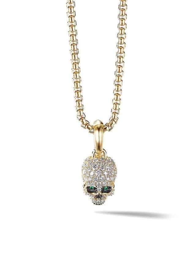 Mens Memento Mori Skull Amulet with Full Pav Diamonds, Emeralds and 18K Yellow Gold Product Image