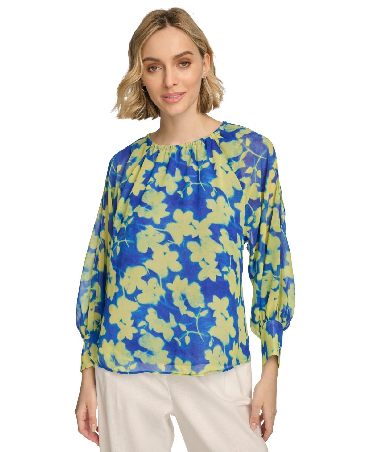 Calvin Klein Womens Floral-Print Gathered Cold-Shoulder Blouse Product Image