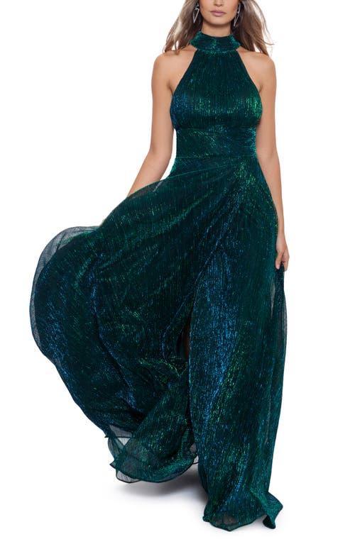 Betsy & Adam Halter Mock Neck Crinkle Faux Wrap Gown Product Image