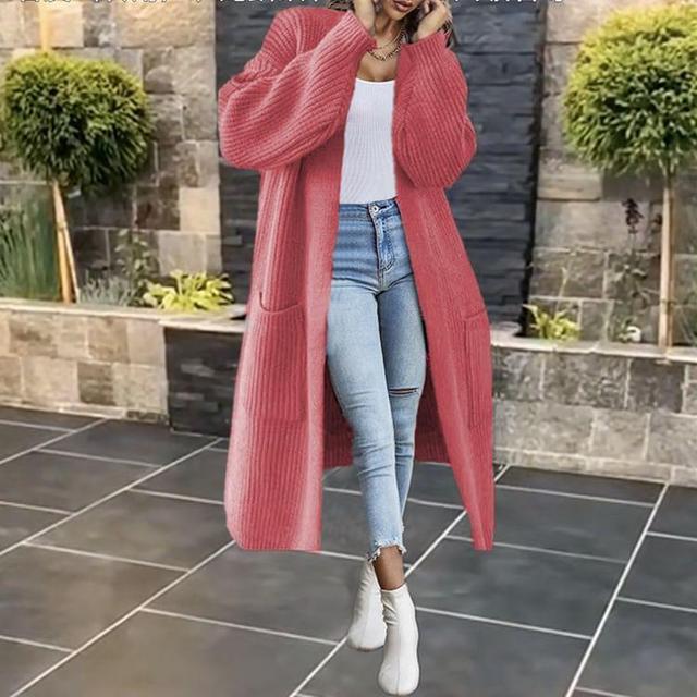 Plain Ribbed Open Front Long Cardigan Product Image