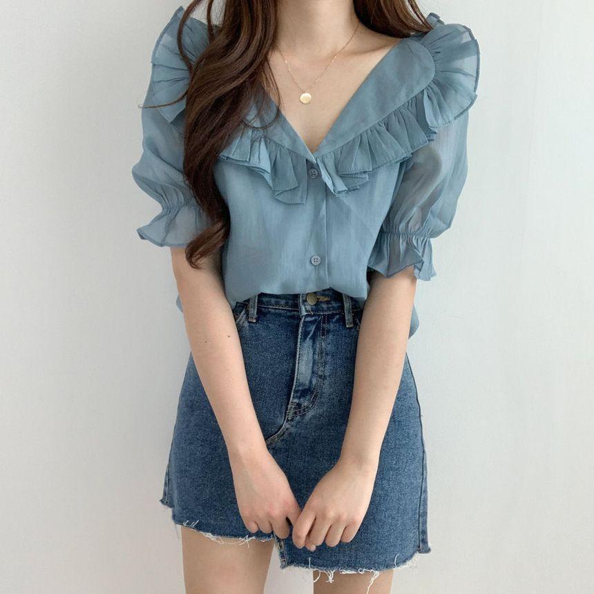 Puff Sleeve Collared Plain Ruffle Blouse Product Image