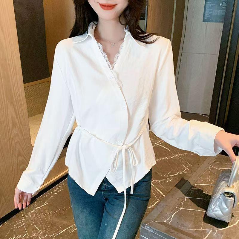 Long Sleeve Collared V-Neck Plain Panel Lace Wrap Shirt Product Image