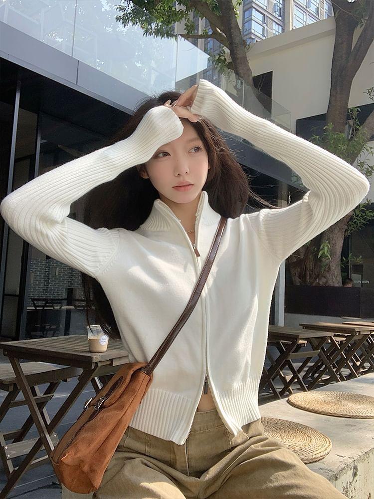 Stand Collar Plain Zip-Up Crop Cardigan Product Image