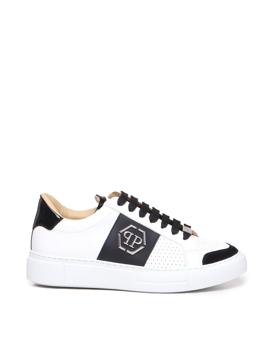 PHILIPP PLEIN Hexagon Low-top Leather Sneakers In White/black Product Image