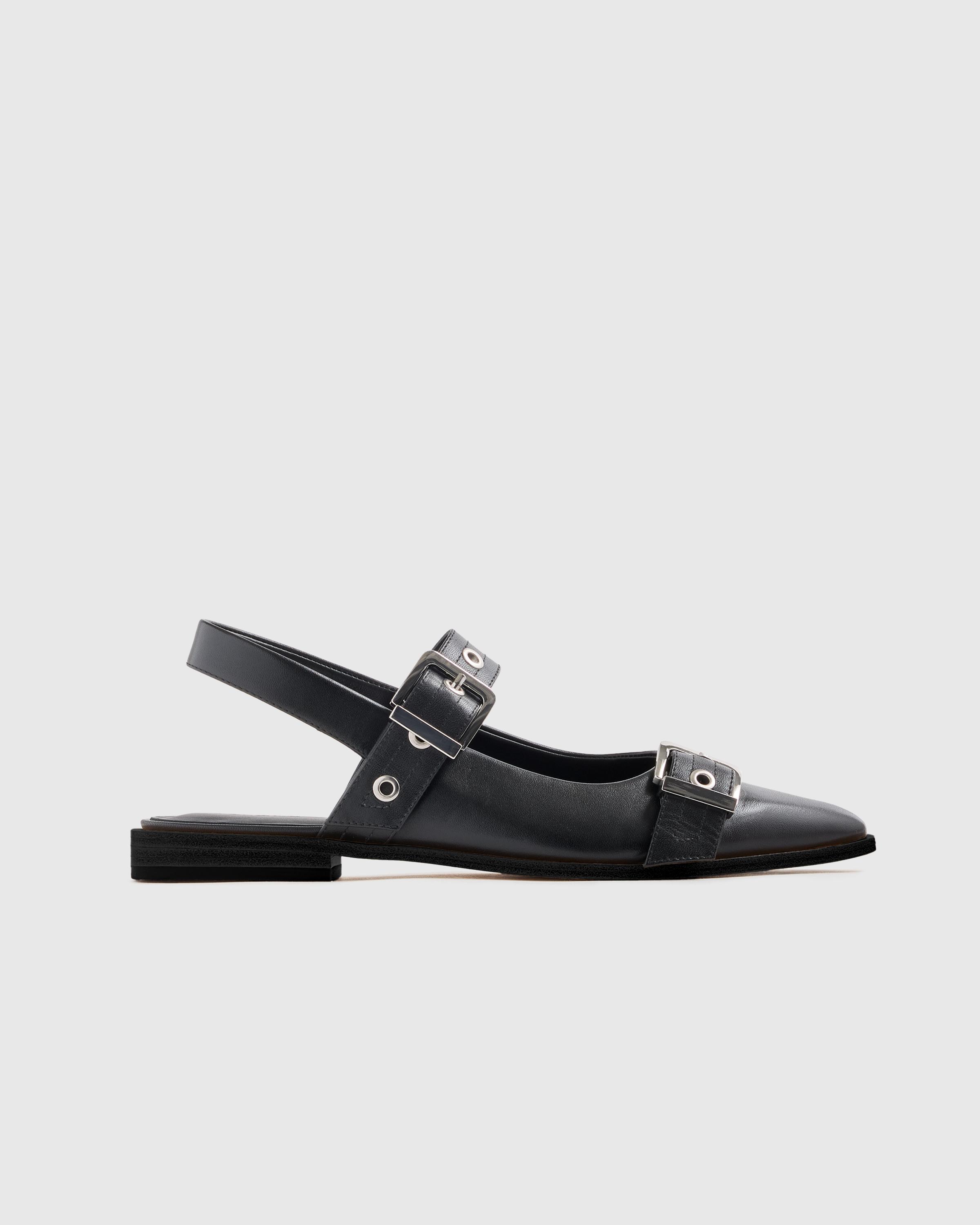 Italian Leather Bold Buckle Slingback Flat Product Image