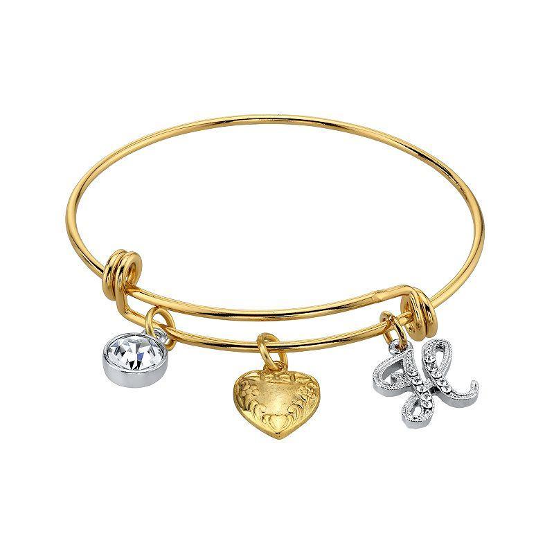 1928 Two Tone Crystal, Heart & Initial Charm Bangle Bracelet, Womens Product Image