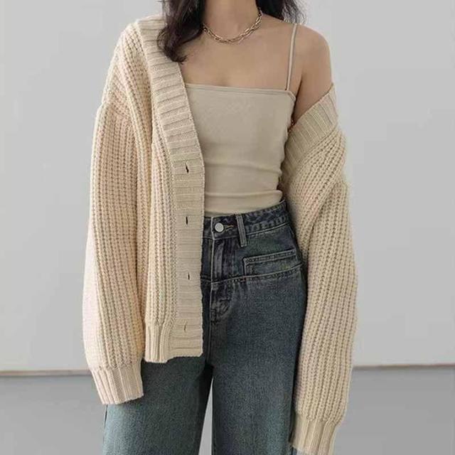 V-Neck Plain Chunky Knit Button-Up Cardigan Product Image