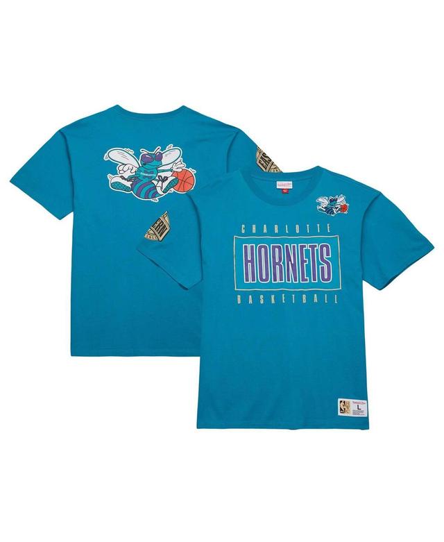 Mens Mitchell & Ness Teal Distressed Charlotte Hornets Hardwood Classics Team Og 2.0 Premium Vintage-Like Logo T-shirt Product Image