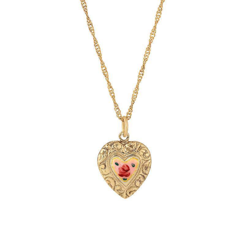 1928 Gold Tone Pink Enamel Heart Necklace, Womens Product Image