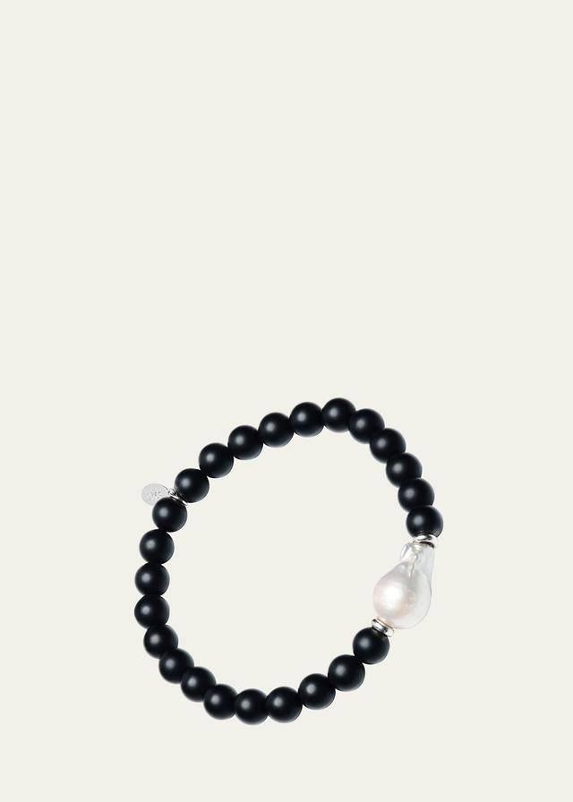 Mens Black Onyx Beaded Bracelet with Pearl Center Product Image