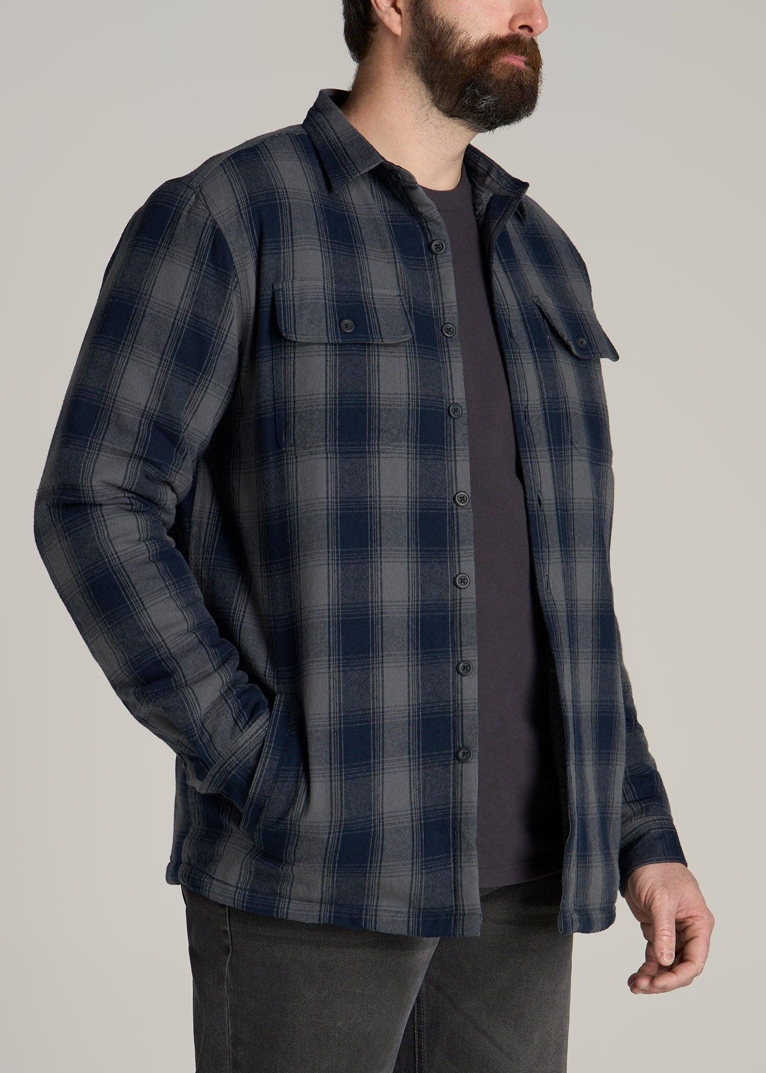 LJ&S Men's Tall Sherpa Lined Shirt Jacket in Midnight Navy & Medium Grey Plaid Product Image