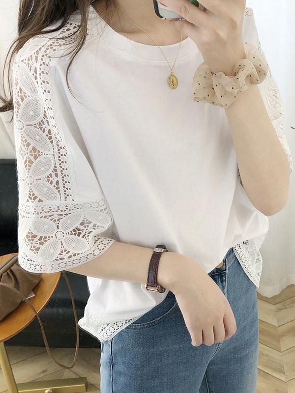 Half Sleeves Loose Hollow Solid Color Split-Joint Round-Neck T-Shirts Tops Product Image