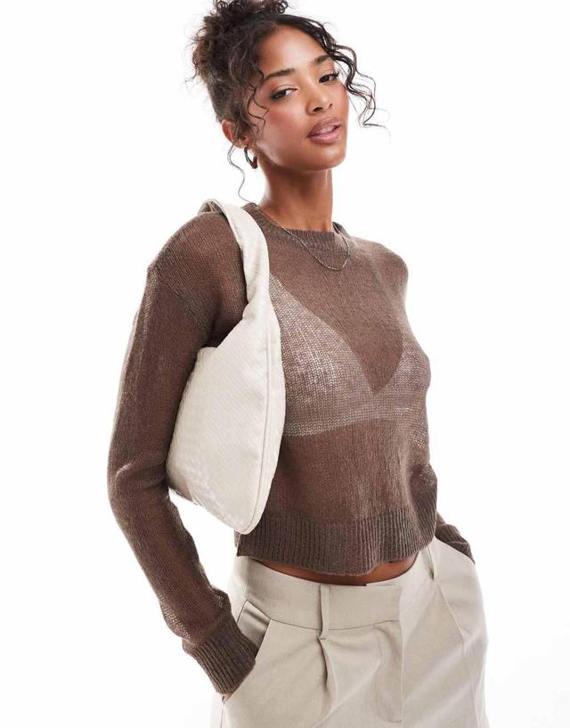 YAS fine sheet knit sweater in brown Product Image