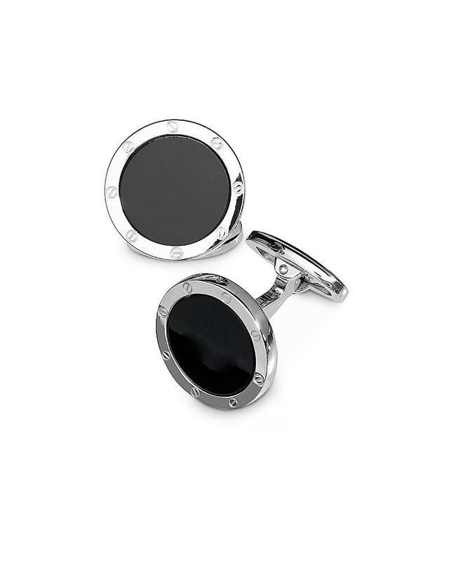 Mens Etched Rivet Round Onyx Cufflinks Product Image