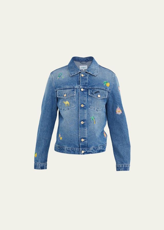 Mens Embroidered Motif Denim Trucker Jacket Product Image