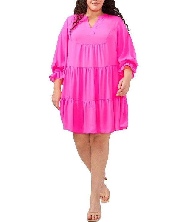 CeCe Plus Size Georgette Split V-Neck Long Sleeve Tiered Babydoll Mini Dress Product Image