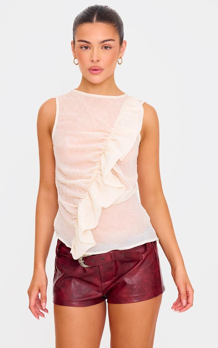 Nude Textured Fitted Chiffon Ruffle Detail Long Top Product Image