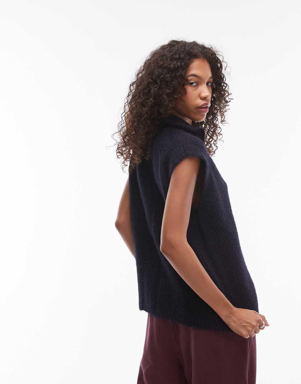 Topshop knitted longline zip through oversized tank in navy Product Image