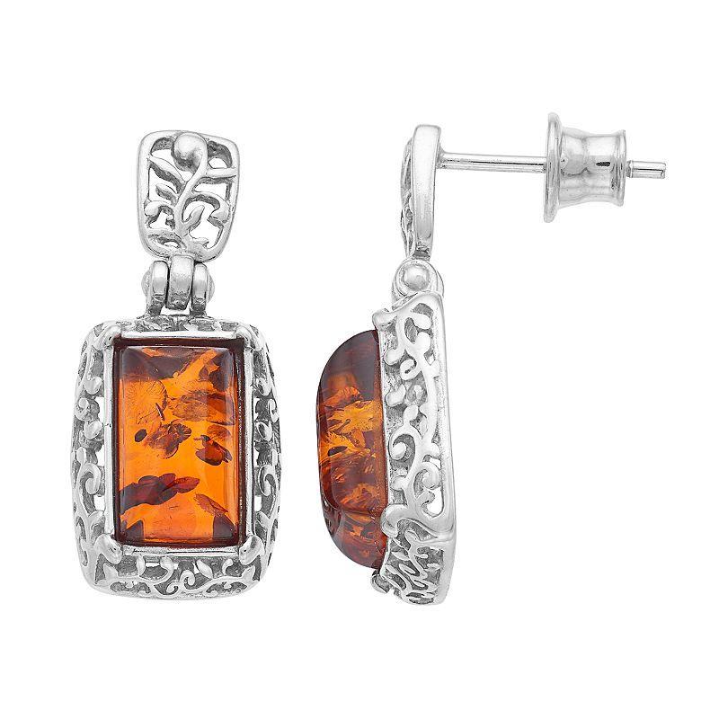 Sterling Silver Amber Rectangle Drop Earrings, Womens Product Image