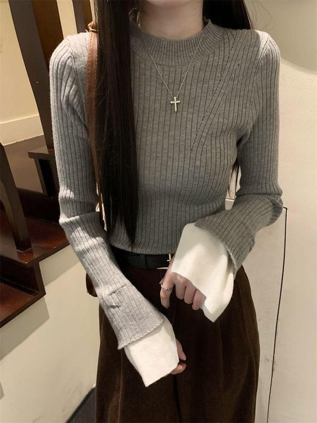 Long-Sleeve Mock Neck Plain Knit Top Product Image