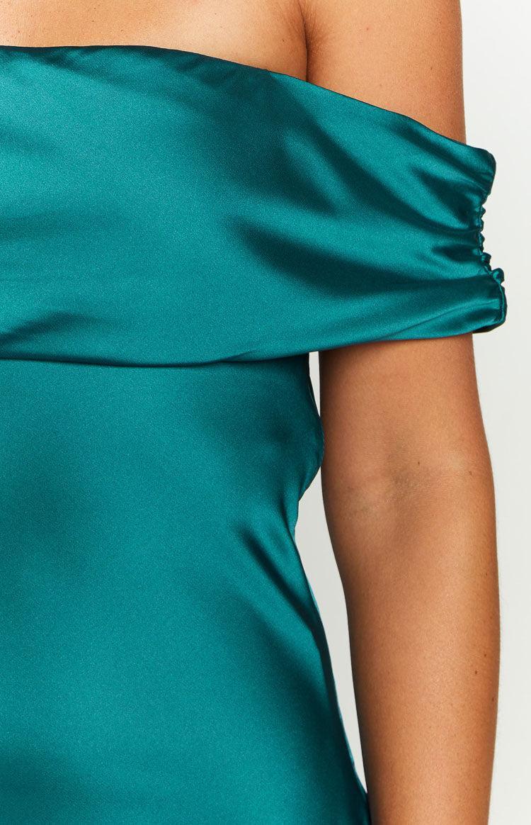 Primrose Teal Satin Off the Shoulder Mini Dress Product Image