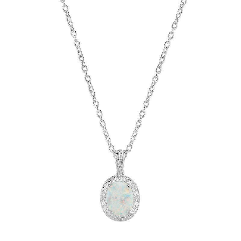 Sterling Silver Lab-Created White Opal & Diamond Accent Oval Halo Pendant, Womens Product Image