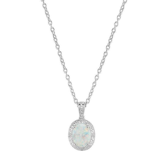 Sterling Silver Lab-Created White Opal & Diamond Accent Oval Halo Pendant, Womens Product Image