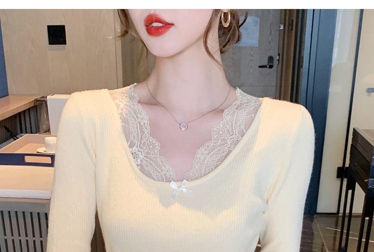 Long-Sleeve V-Neck Bow Lace Trim Ribbed Knit Top Product Image