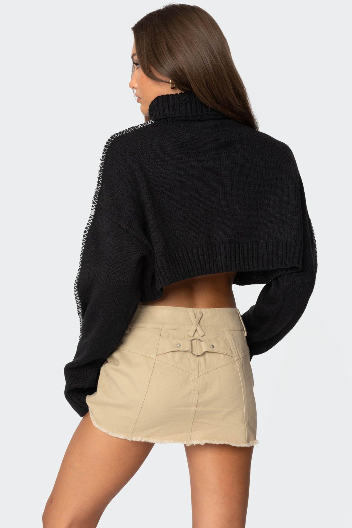 Embroidered Edge Cropped Turtle Neck Sweater Product Image