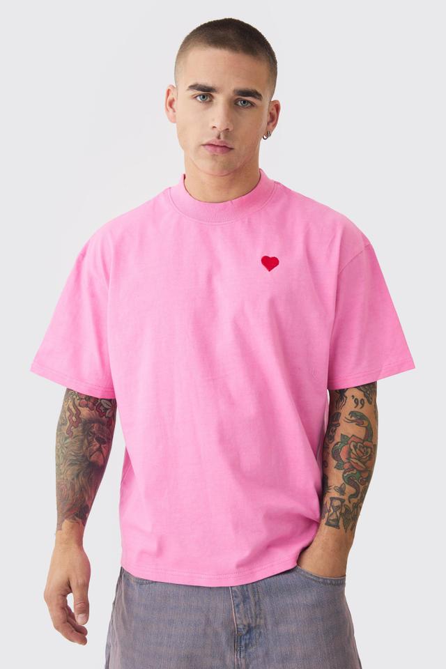 Oversized Boxy Extended Neck Heart Embroidered T-shirt | boohooMAN USA Product Image