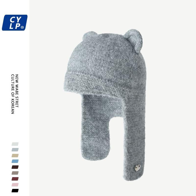 Plain Bear Ear Earflap Beanie Product Image