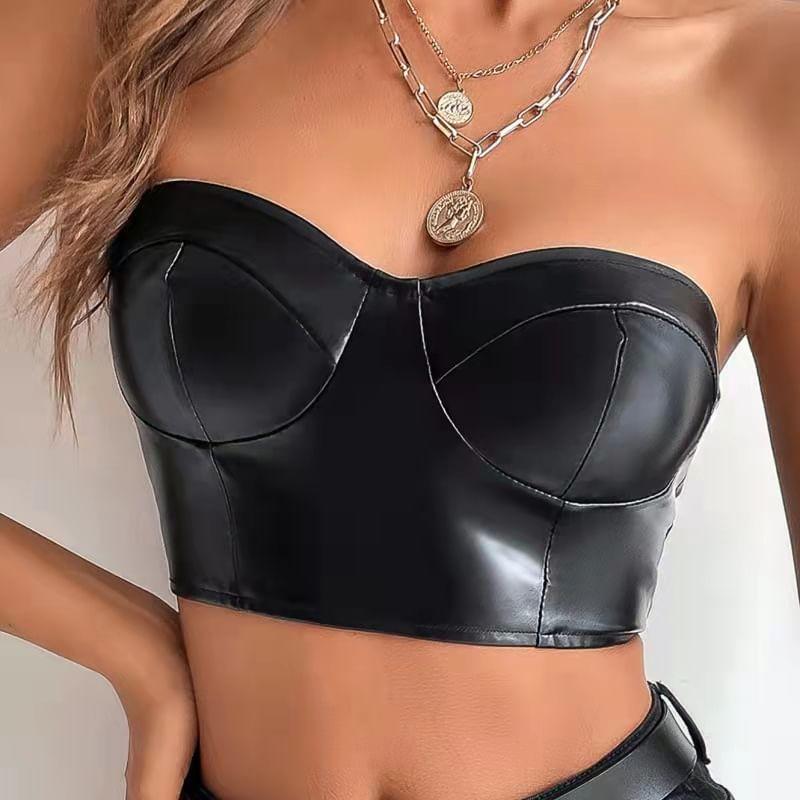 Plain Faux Leather Crop Tube Top Product Image