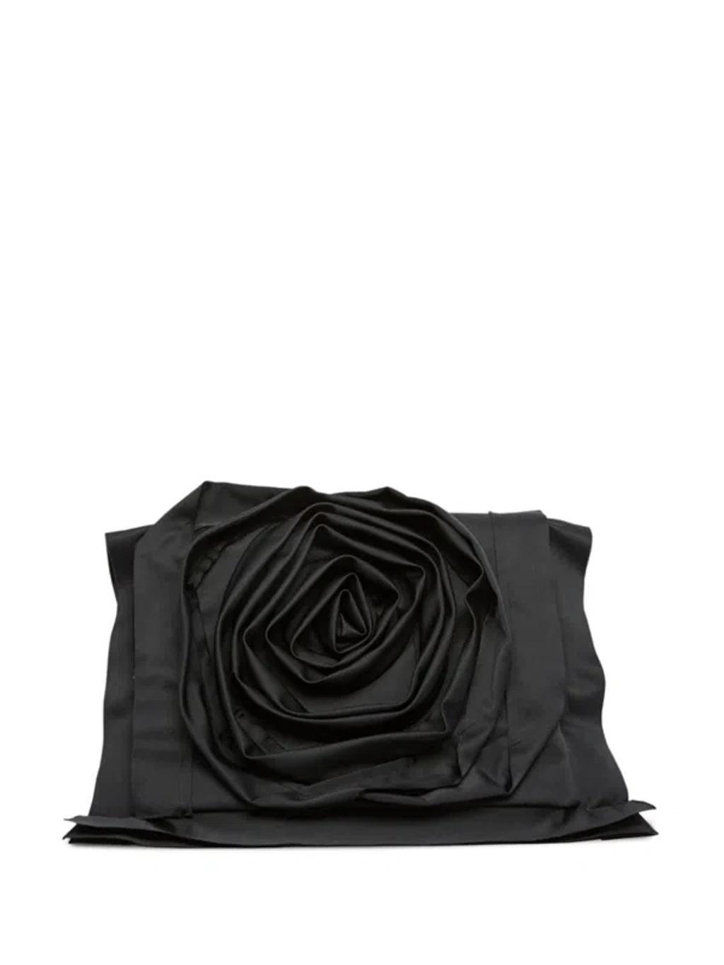 Ruffle-detail Floral-appliqué Clutch Bag In Black Product Image