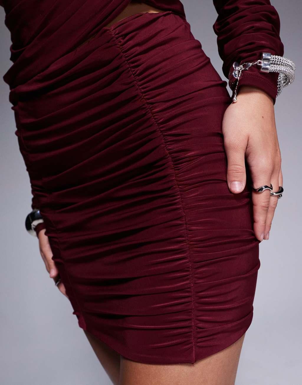 ASOS DESIGN slinky ruched front mini skirt in burgundy - part of a set Product Image