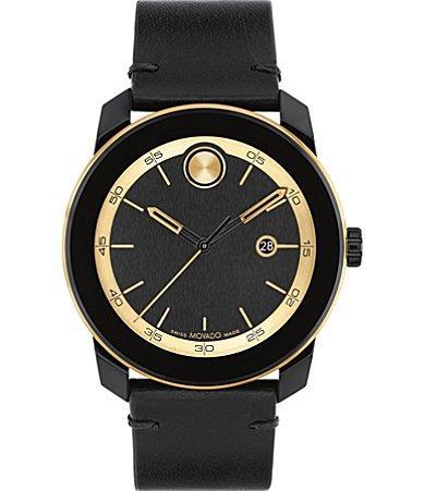 Movado Bold Mens TR90 Quartz Analog Black Leather Strap Watch Product Image