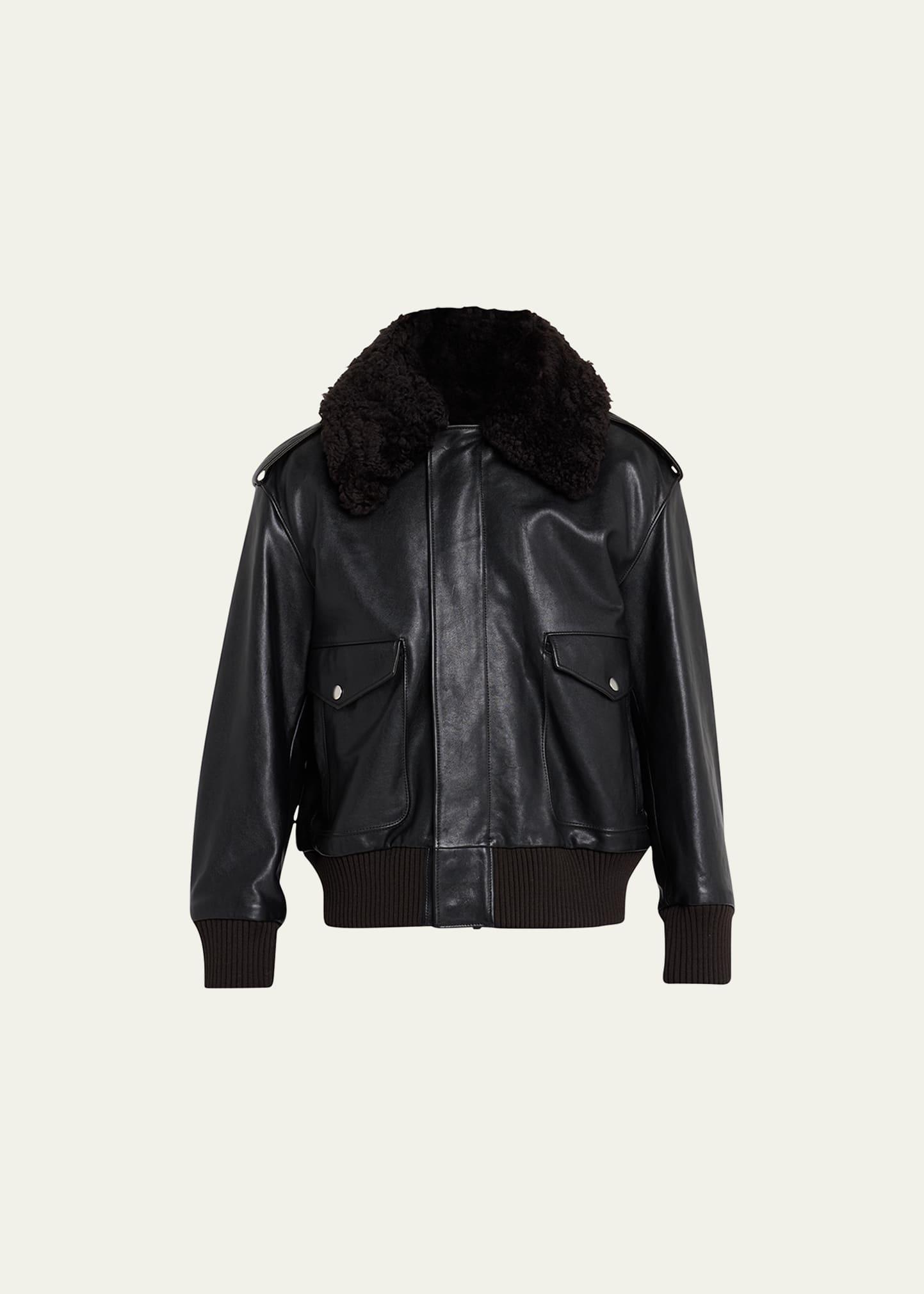 burberry Leather Bomber Jacket with Removable Genuine Shearling Trim Product Image