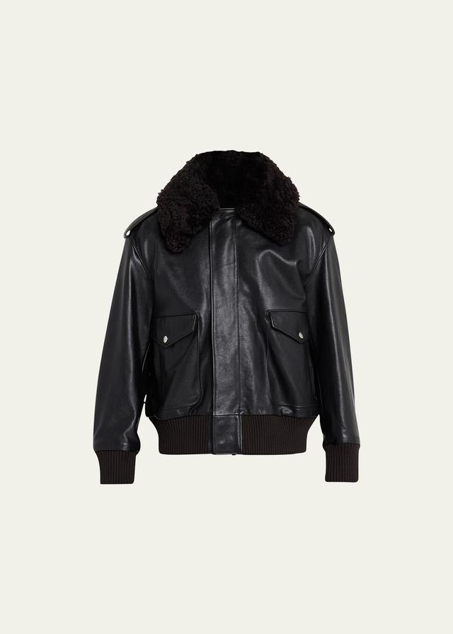 burberry Leather Bomber Jacket with Removable Genuine Shearling Trim Product Image