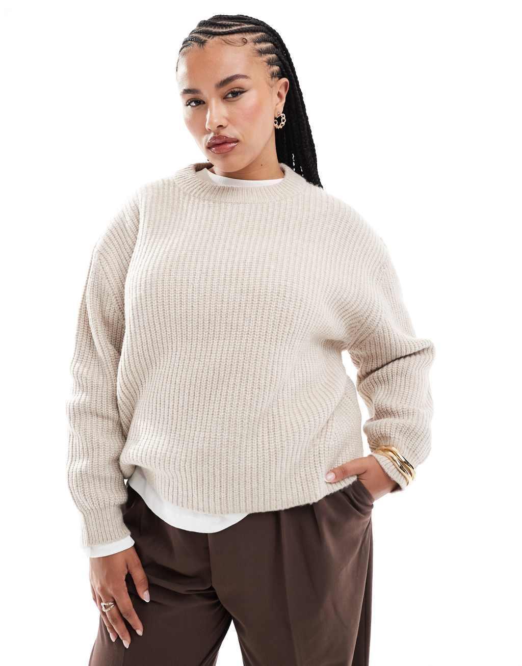 ASOS DESIGN Curve chunky crew neck rib sweater in oatmeal Product Image