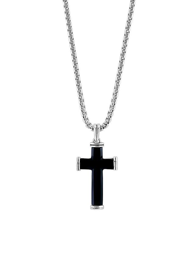 Mens 925 Sterling Silver & Onyx Cross Pendant Necklace Product Image