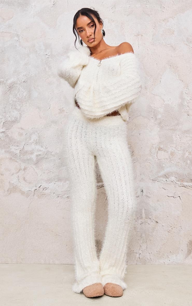 Cream Eyelash Ladder Knit Zip Up Cropped Cardigan Product Image