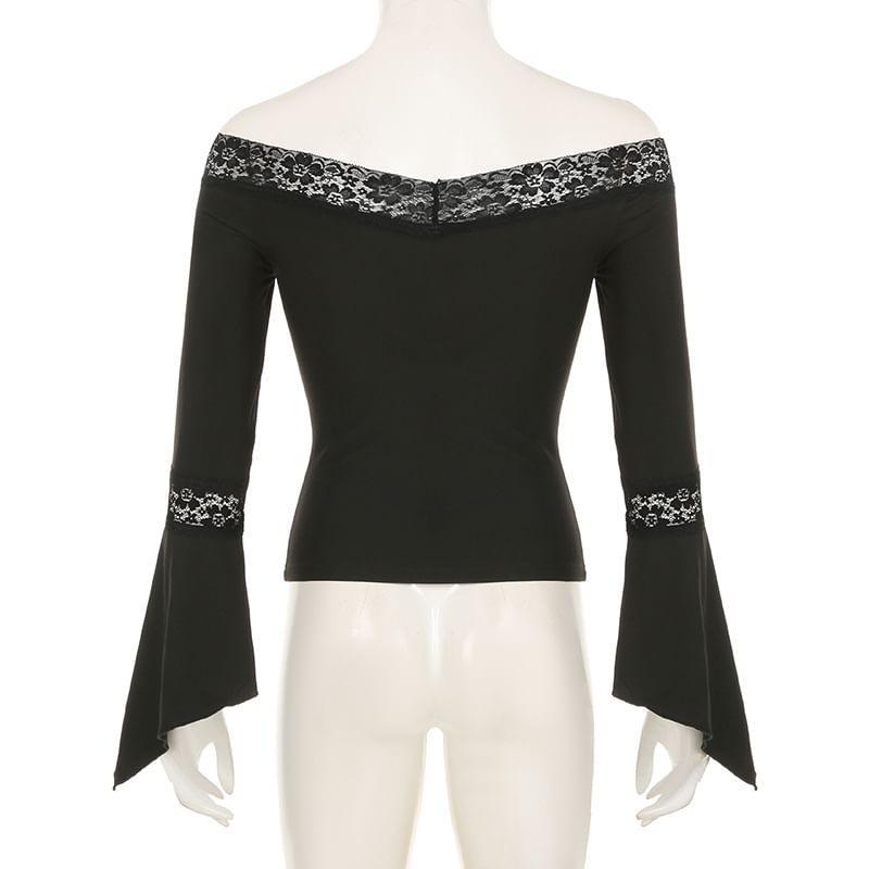 Off-The-Shoulder Long Sleeve Plain Lace Trim T-Shirt Product Image