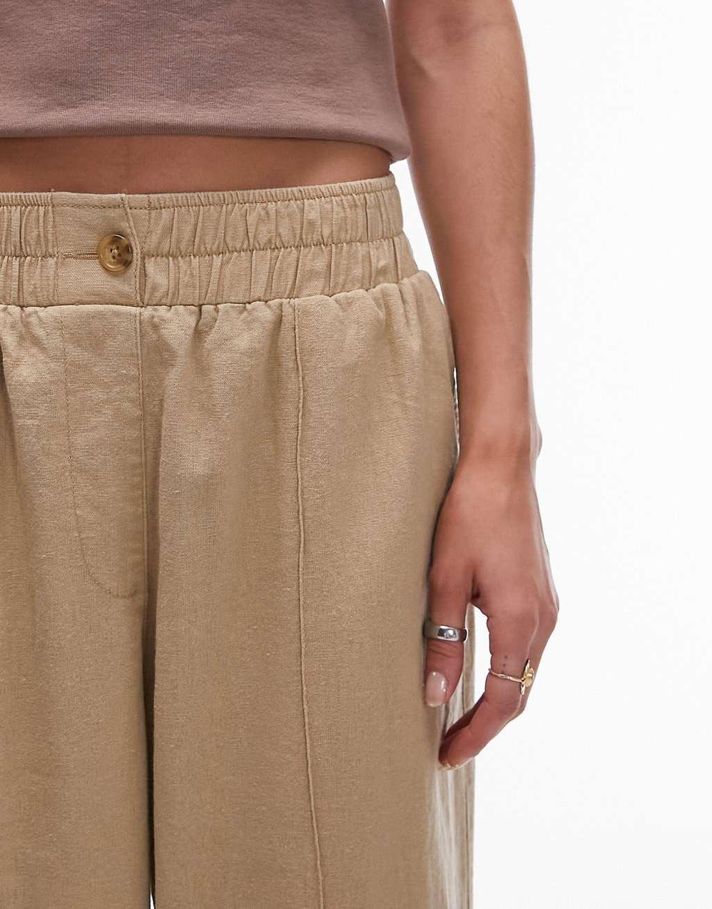 Topshop linen blend high waist pull on straight leg pants in sand Product Image