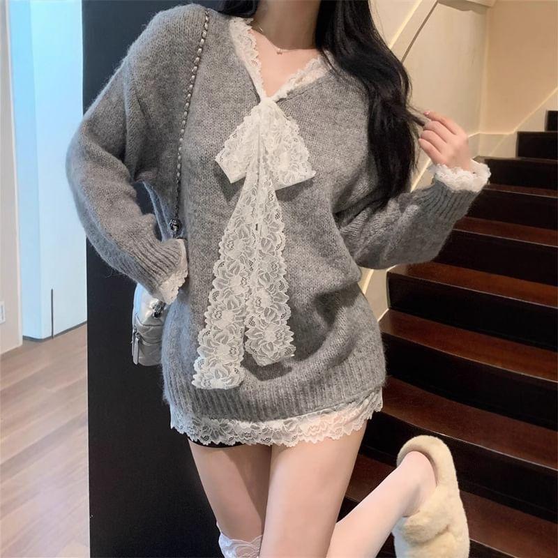 V-Neck Mock Two-Piece Lace Panel Tie Front Oversized Sweater Product Image