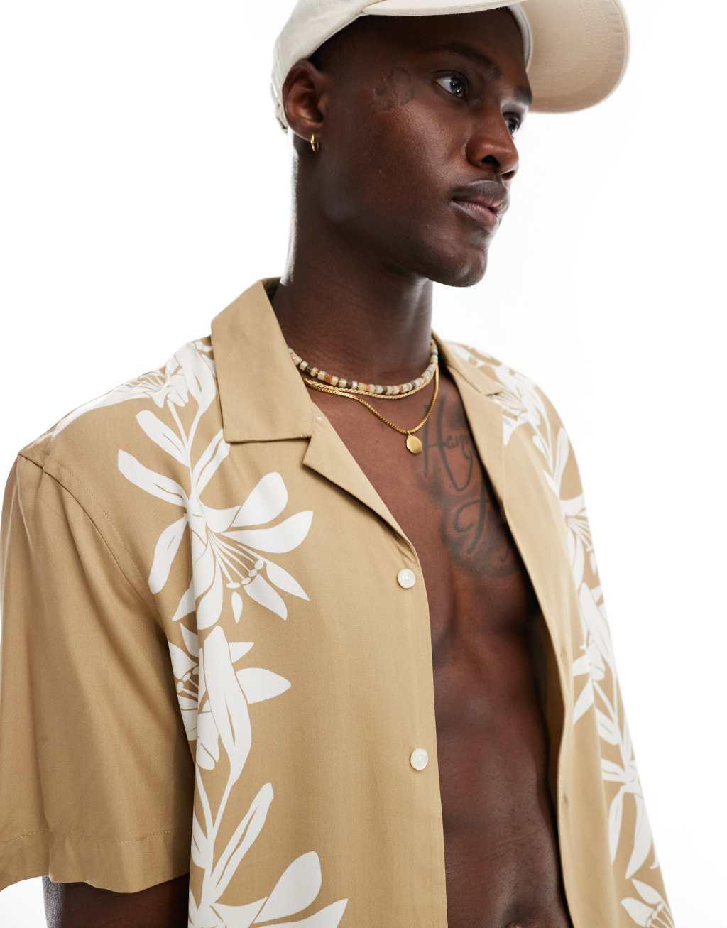 French Connection short sleeve floral print camp collar shirt in stone Product Image