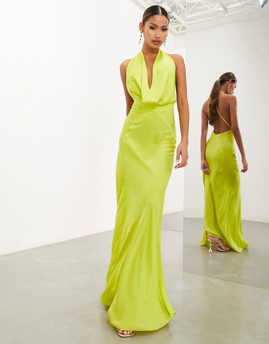 ASOS EDITION satin statement cowl neck maxi dress in lime green Product Image